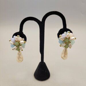 Vintage Clip-On Earrings Dangling Freshwater Pearls and Bead Clusters